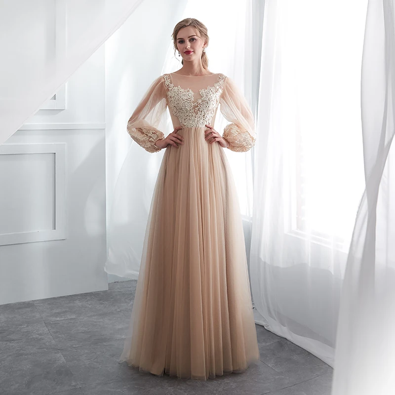 

2020 Elegant Long Sleeve Evening Dresses for Women Lace Appliqued Champagne Tulle Party Dresses A Line