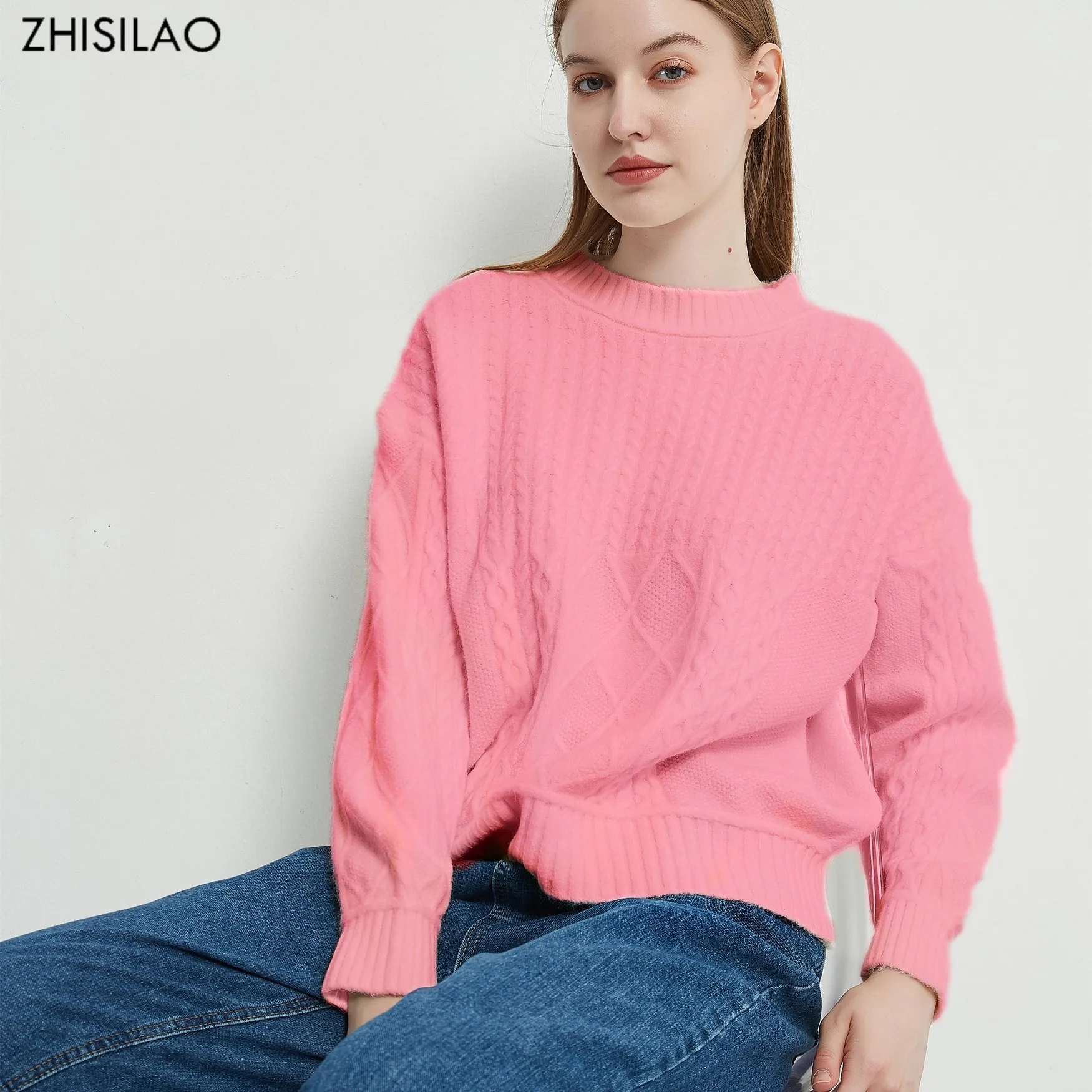 

Новинка от ZHISILAO, Модный пуловер, свитер, Женский Свитер оверсайз, сезон осень-зима 2021, однотонный плотный Теплый Женский вязаный свитер с кру...