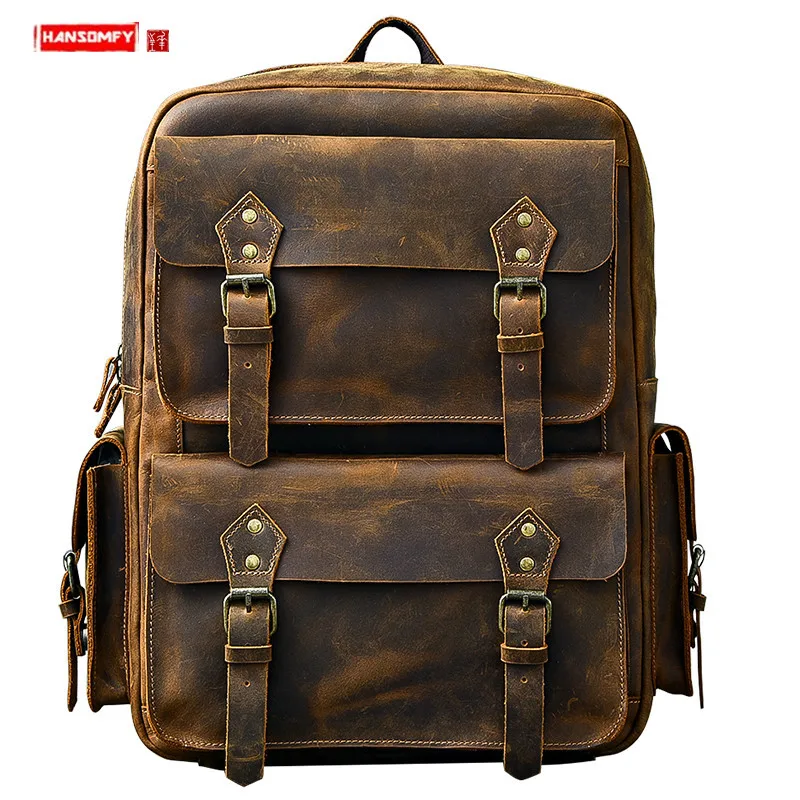 

Luxruy Cowhide Leather Men's Backpack 17 Inch Laptop Bags Schoolbag Outdoor Travel Backpacks Vintage Oversized shoulder bag
