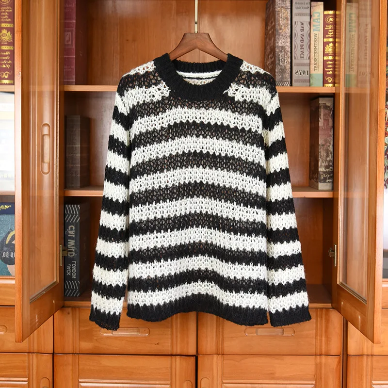 

Autumn 2021 Spring Women High quality 50% Wool sweaters Korean style loose stripe Mohair pullovers sweater C712
