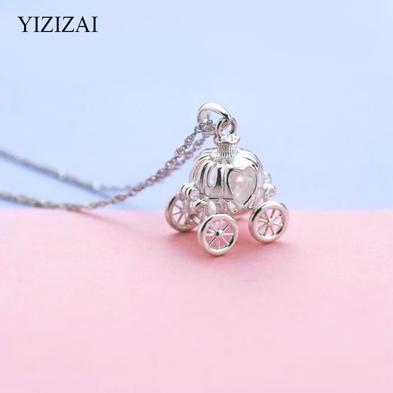 

YIZIZAI Dream Pumpkin Car Silver Plated Necklace Pendant Clavicle Cinderella Exquisite Necklace Jewelry Peach Flower Girl