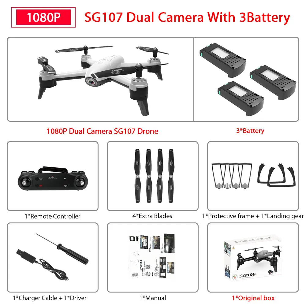 1080P White SG106 3B SG106 WiFi FPV Радиоуправляемый Дрон с 720P или 1080P или 4K HD двойной камерой оптический поток воздушный видео Радиоуправляемый квадрокоптер для игрушек Детский Радиоуправляемый Дрон - Цвет: 1080P White SG106 3B