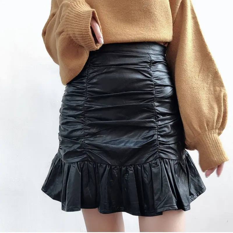 

PU Leather Women Skirt Black Ruffle Mini Skirt 2019 Fashion Women Skirts Casual Streetwear Jupe Femme 0831-69