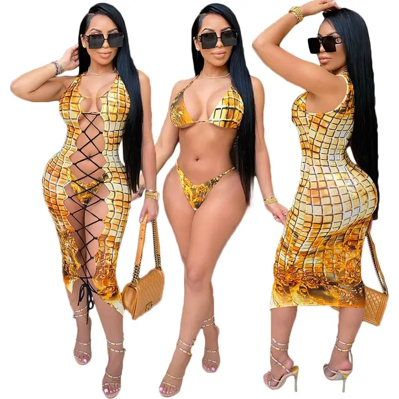 

ZKYZWX Sexy Bandage Summer Swimsuit Three Piece Set Bathing Suit Women Clothes Loungewear Bikini Matching Sets Vacation Outfits
