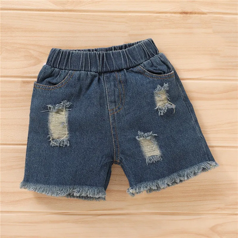 

Girls 2Pcs Summer Clothes Suit, Sunflower Printed Ruffled Hem Short Sleeve Tops with Short Ripped Jeans