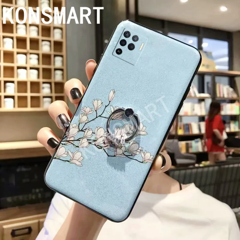 

KONSMART Case For OPPO Reno5 Lite Cover Luxury Glitter Flower Silicone Soft Finger Ring Phone Cases Reno 5 Lite Fundas