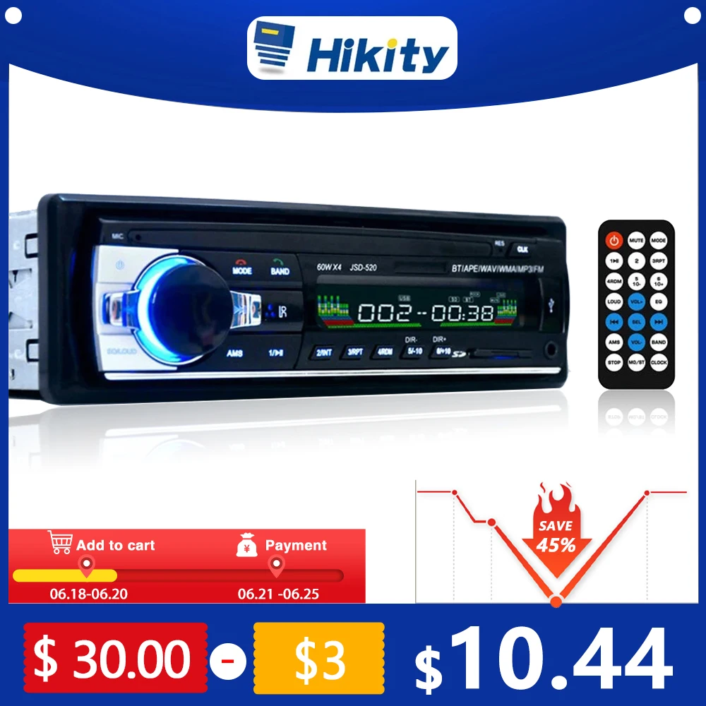 Hikity Авто 12V JSD 520 автомобиль радио Bluetooth 1 Din аудио MP3 стерео проигрыватель AUX IN