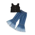 Летний комплект для девочек 2-6 лет, Модный укороченный топ в рубчик на пуговицах и рваные джинсовые брюки-клеш с градиентом, цвет черный