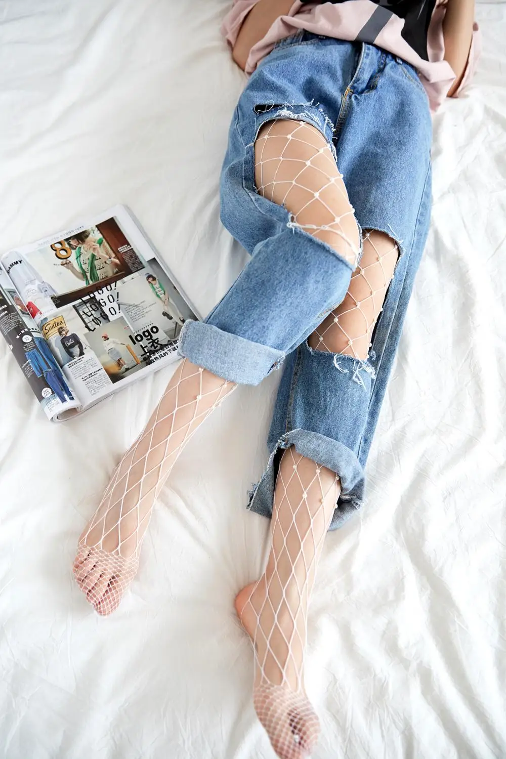 Колготки KASURE женские сетчатые с жемчугом пикантные крупные ажурные колготки для