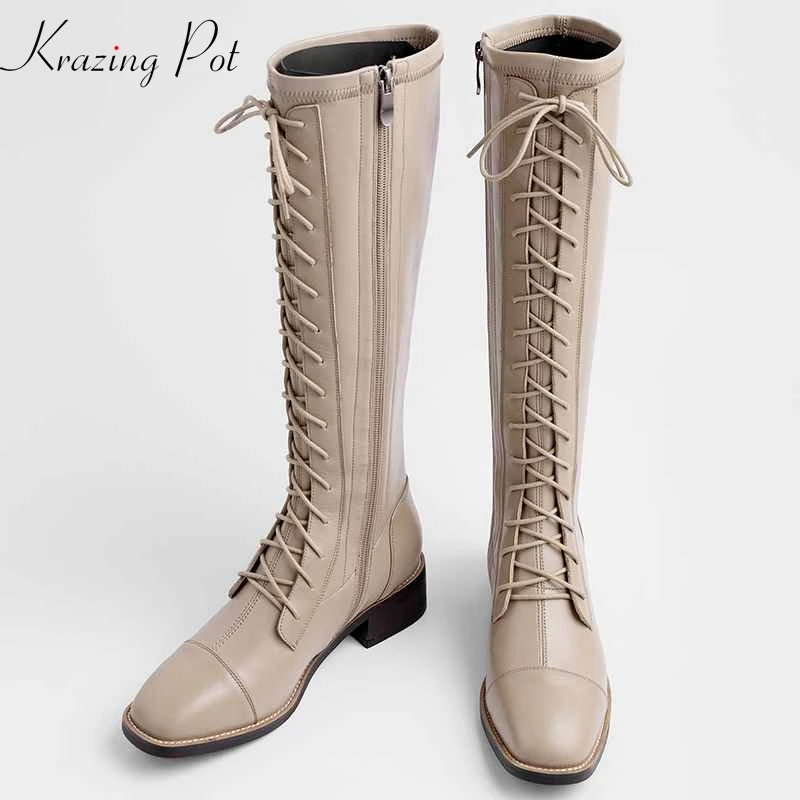 

krazing pot cow leather square toe lace up European riding boots med heels keep warm high quality stretch thigh high boots L56