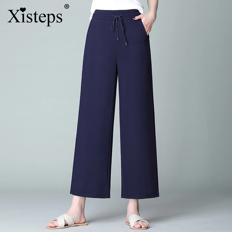 

Эластичные широкие брюки Xisteps с завышенной талией и кулиской, свободные Весенние прямые женские брюки размера плюс 6xl, эластичные повседнев...