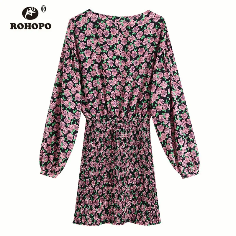 ROHOPO розовый низ Smocking с длинным рукавом туника платье круглый воротник дамы Yonger
