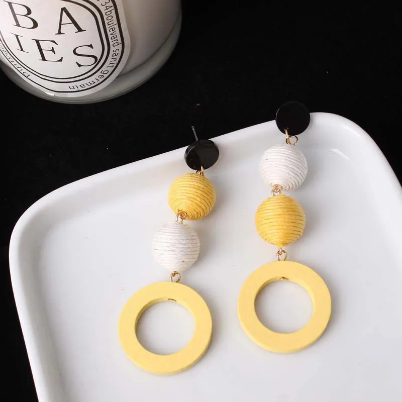 Новые поступления модные длинные деревянные круглые висячие серьги льняная