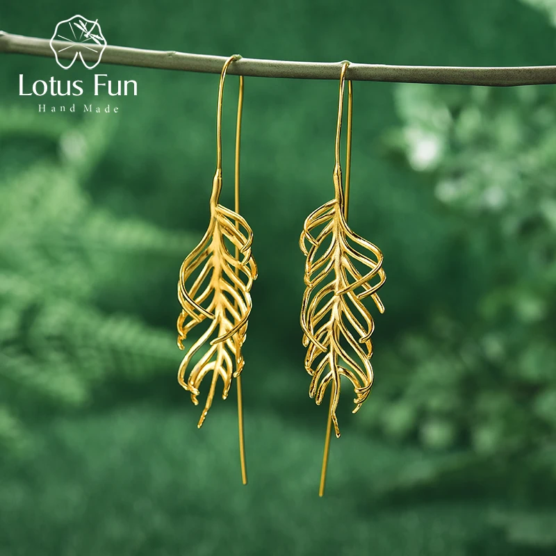 Женские серьги подвески листья папоротника Lotus Fun из серебра 925 пробы с золотом 18