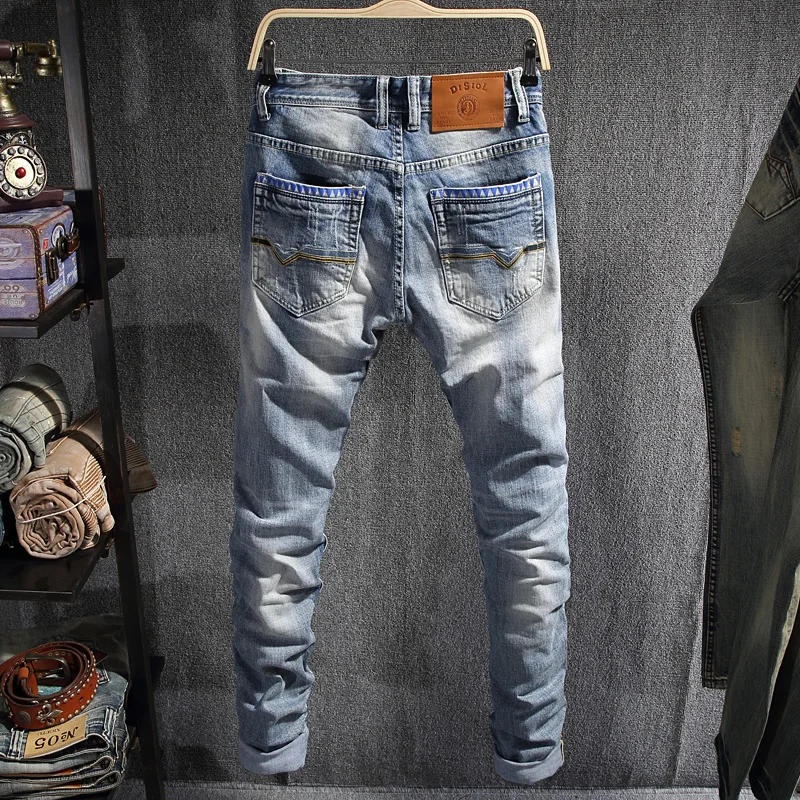 European Vintage Fashion Men Jeans Retro Light Blue Elastic Slim Fit Ripped Jeans Men Korean Designer Casual Denim Pencil Pants