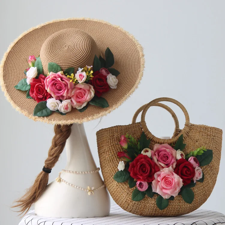 Raffia Rattan Holiday Handbag and Vacation Hat Suit Weave Straw Summer Flower Casual Tote Women Fashion Bohemia Style Beach Bag