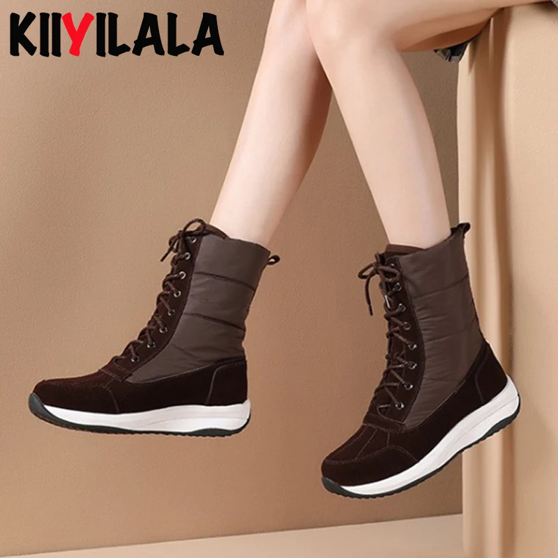 

Kiiyilala Plus Size Cow Suede Snow Boots Women Waterproof Booties Lace-up Round Toe Warm Woman Ankle Boots Winter Platform Shoes