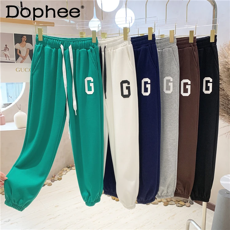 

2021 Autumn Winter Korean Sport Casual Pants Women Letters High Waist Drooping Lace-up Fitness Harem Pants Ankle-Tied Sweatpants