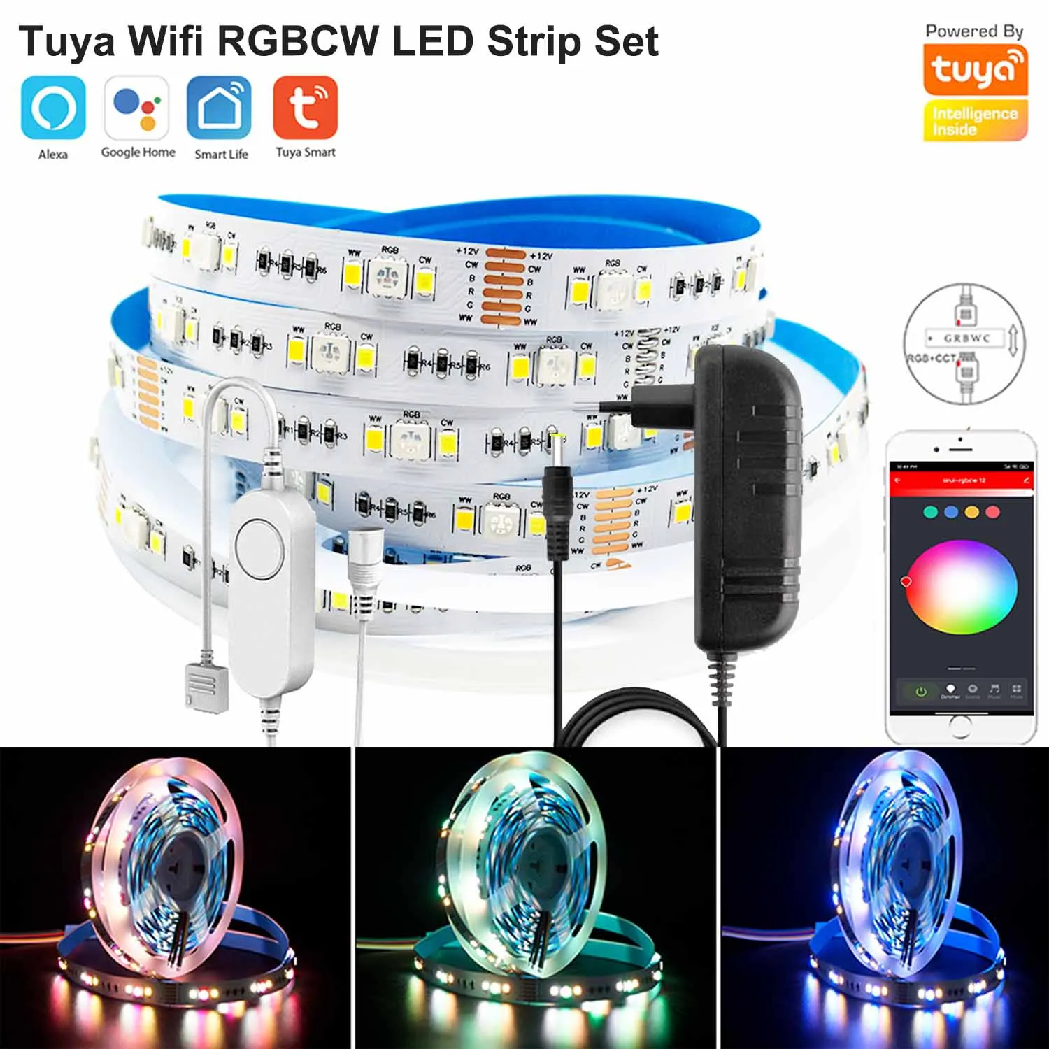 

Tuya Wifi Controller DC12V 5050 RGB+CCT RGBCW Color Temperature adjustable 90leds/m LED Strip Light Strips For Echo Google Home