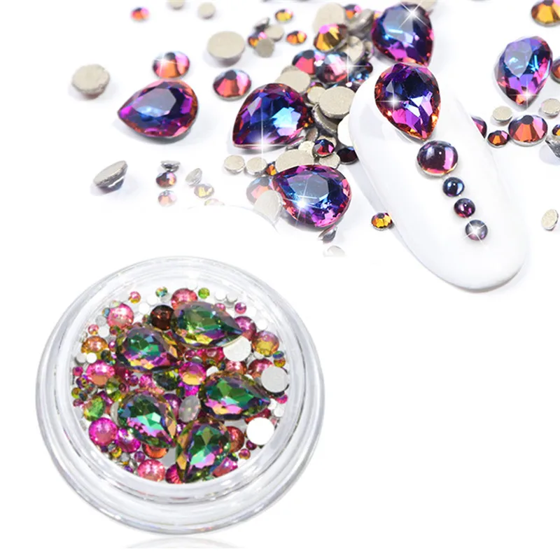 Цветные стразы для дизайна ногтей AB золотистые серебристые прозрачные с плоским