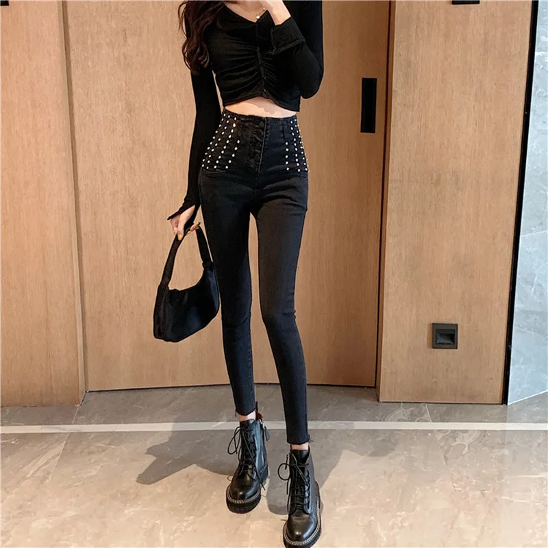 

Real shot 2021 new fashion heavy-duty nail drill high-waisted jeans stretch all-match tight-fitting slim casual nine-point pants