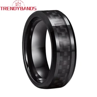 8mm black fashion tungsten engagement rings for men women wedding bands carbon fiber inlay beveled edges comfort fit