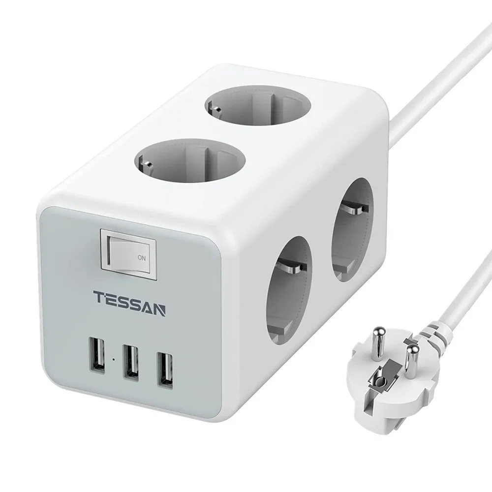 

TESSAN 6-Way Socket Power Strip (3600W, 16A) with 3 USB Ports, Multiple Sockets with Switch and 2M Cable, Socket Cube for Home