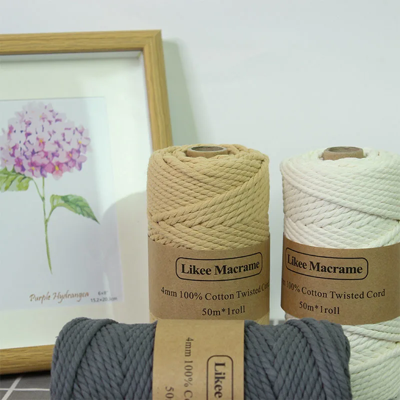 Веревка из 100% хлопка 4 мм цветная веревка бежевая витая для макраме домашний