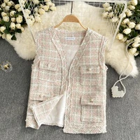 sleeveless plaid waistcoat womens autumn 2021 new loose pockets wild retro tweed knitted tassel vest jacket tops spirng m462