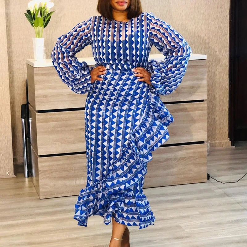 

2021 Spring Women Plaid Print Mid-Calf Dresses Graceful Lady's O-neck Lantern Sleeve High Waist Cascading Ruffles Graceful Dress