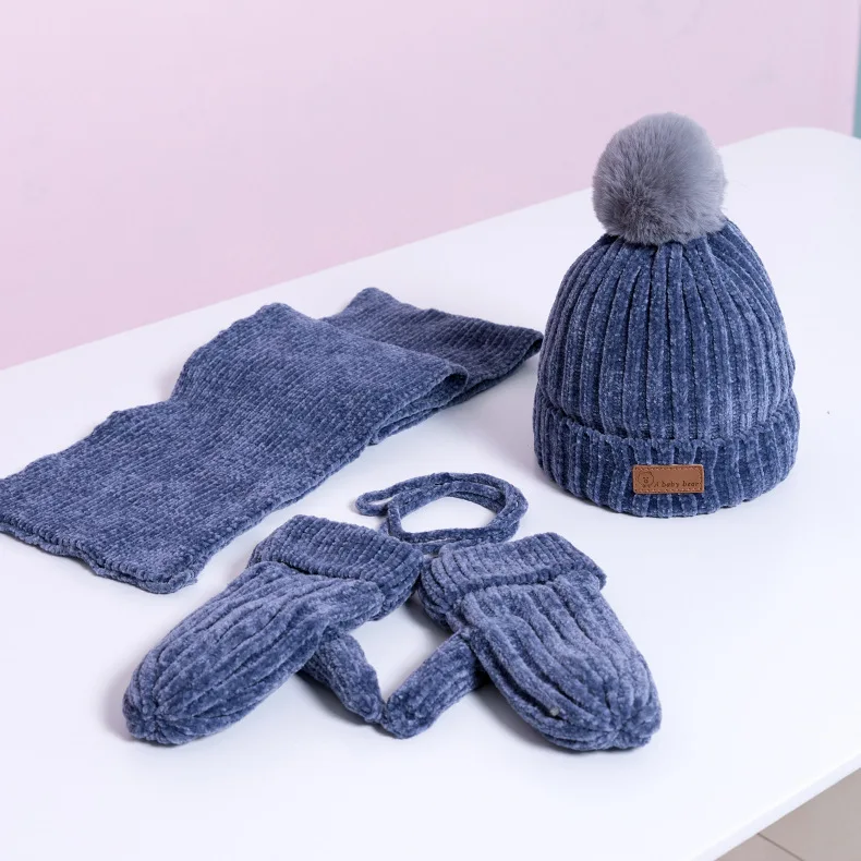 Blue 3Pcs 2 шт./3 шт./компл., детские наборы шарф Шапка Зимняя Теплая Бархатная шапка шарф перчатки для маленьких мальчиков и девочек, костюмы хлопковая шерсть Младенческая шапочка, шапки - Цвет: Blue 3Pcs