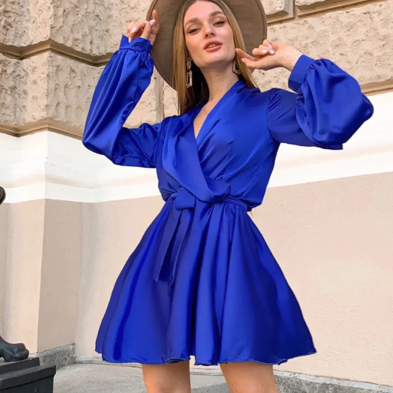 

Women's Dress V-Neck Satin Lantern Sleeve Dresses Women Casual V-Neck Sexy Dresses for Women A-Line Club Party Dress