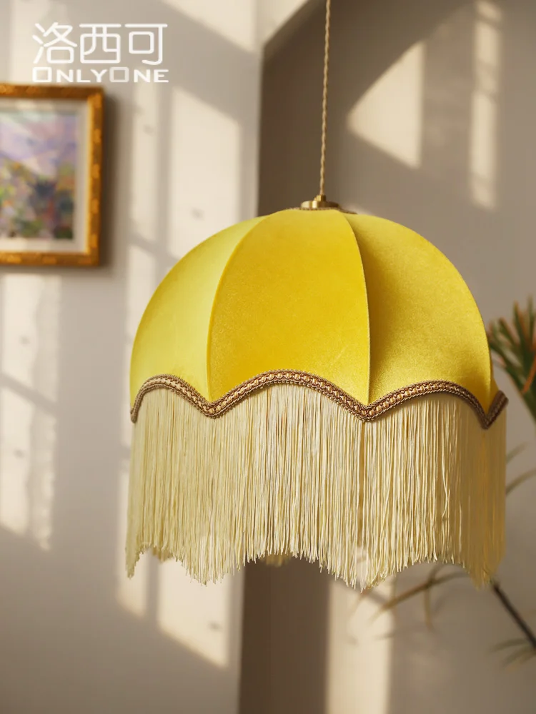 

Ретро желтая люстра с кисточками столовая спальня гостиная ткань декоративная лампа