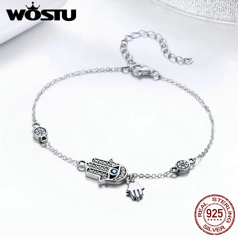 

WOSTU Fatima of Hand Hamsa Eye Bracelets 925 Sterling Silver Blue Zircon Chain Link For Women Bangles Wedding Jewelry FIB079