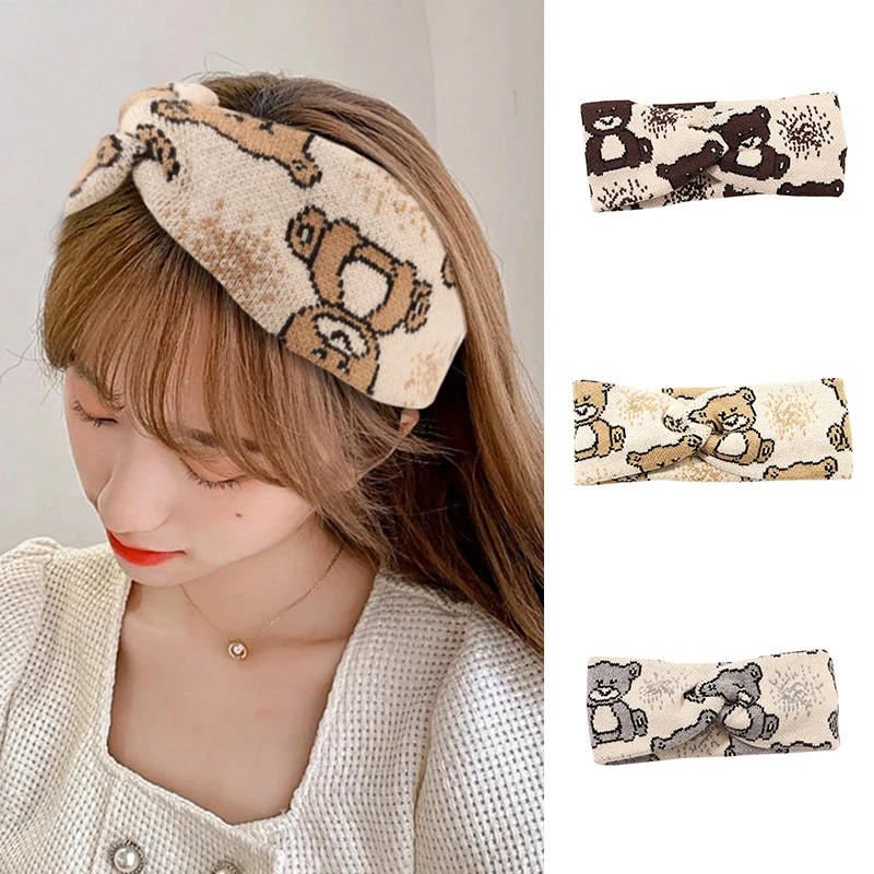 

New Fashion Printing Headband Cute Bear Knitted Wide-Brimmed Headband Korean Style Hair Band Headwear Women Hair Accessories