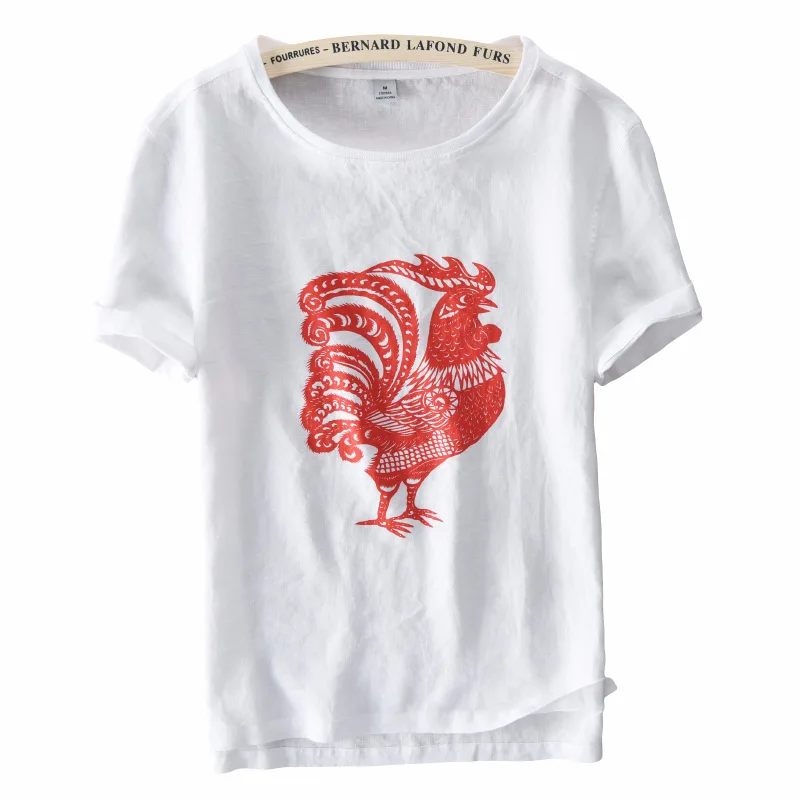 Короткая мужская футболка с круглым вырезом и рукавами из чистого льна принтом