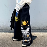 qweek harajuku streetwear graffiti print black cargo pants women hippie korean fashion oversize wide leg trousers for female