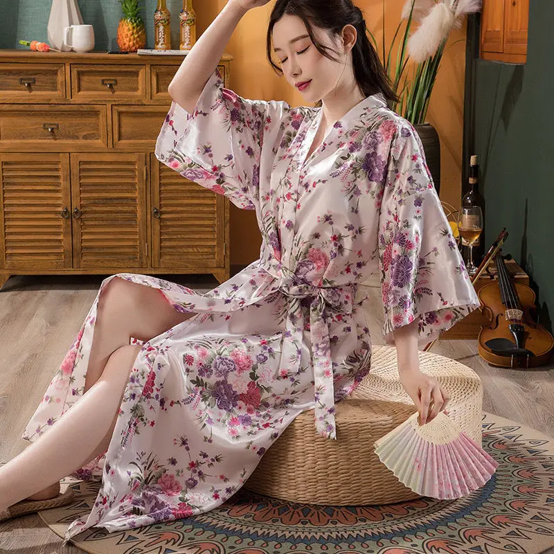 Imitation Silk Plus Long Nightgown Print Pajamas Japanese-style Long Kimono Bathrobe Cardigan Summer Thin Women's Home Service