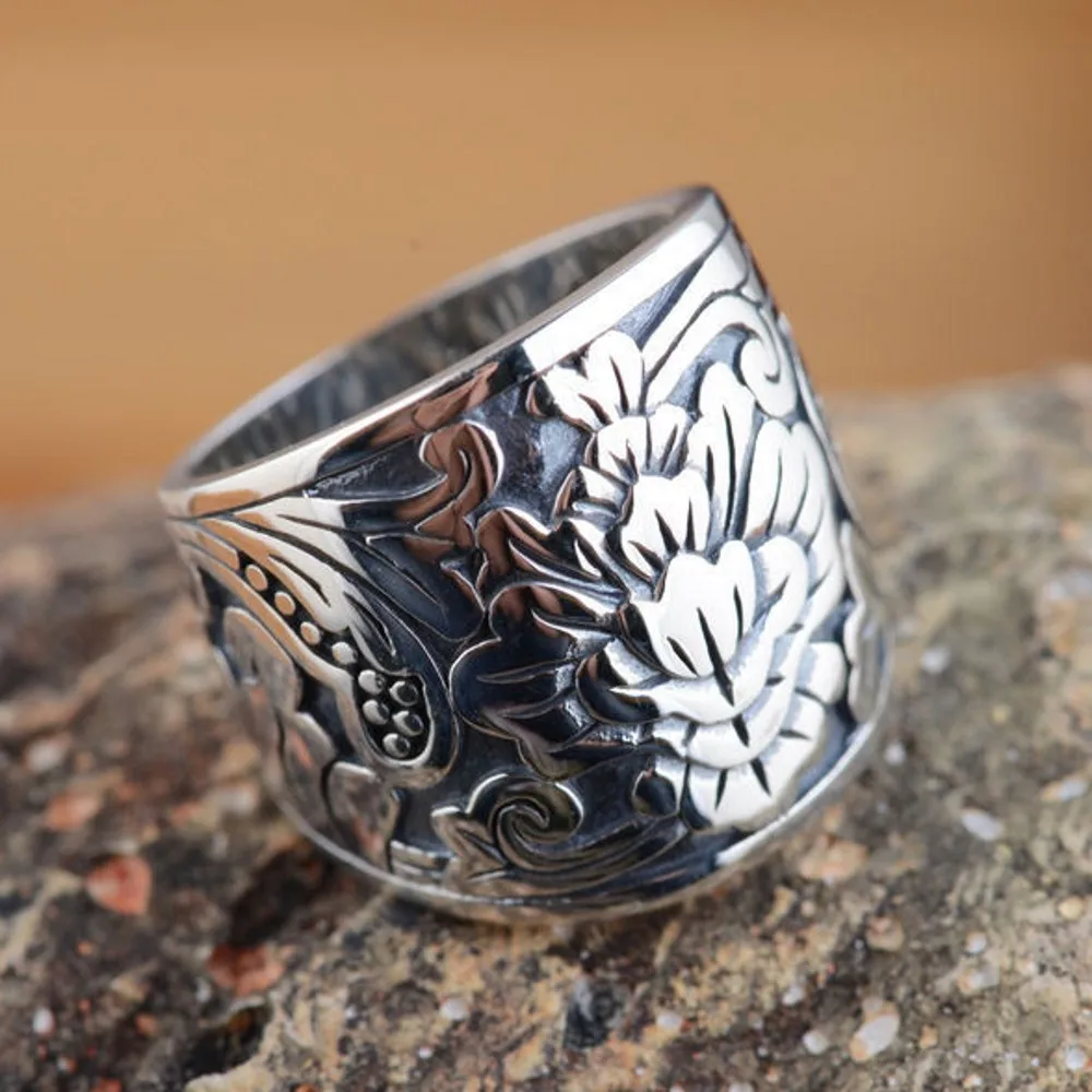 Мужское кольцо с цветами BOCAI серебряное в стиле ретро широким лицом ювелирное