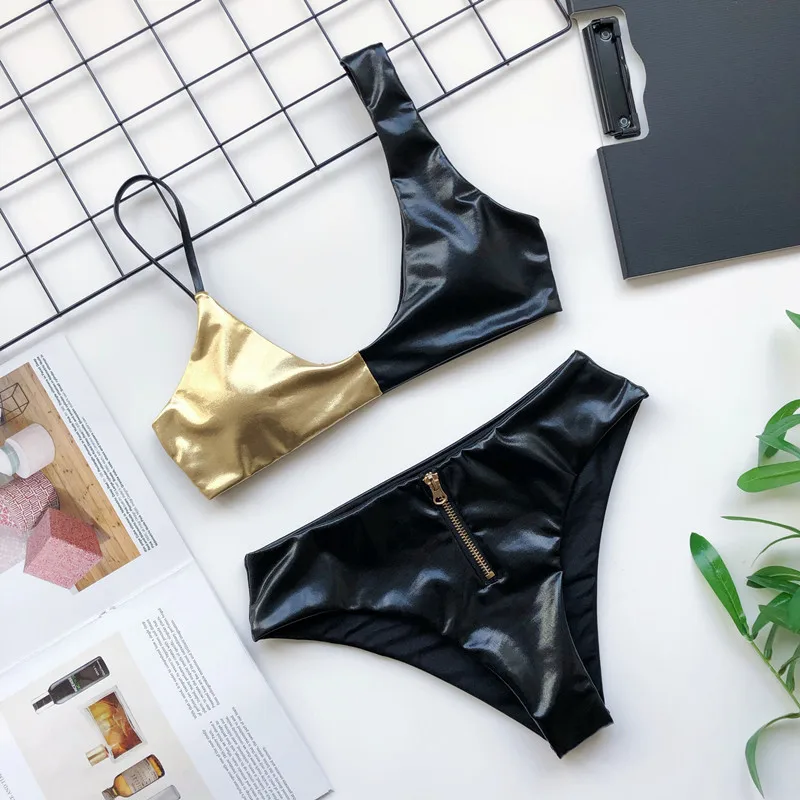 Сексуальное яркое кожаное бикини на молнии лоскутный женский купальник пуш-ап