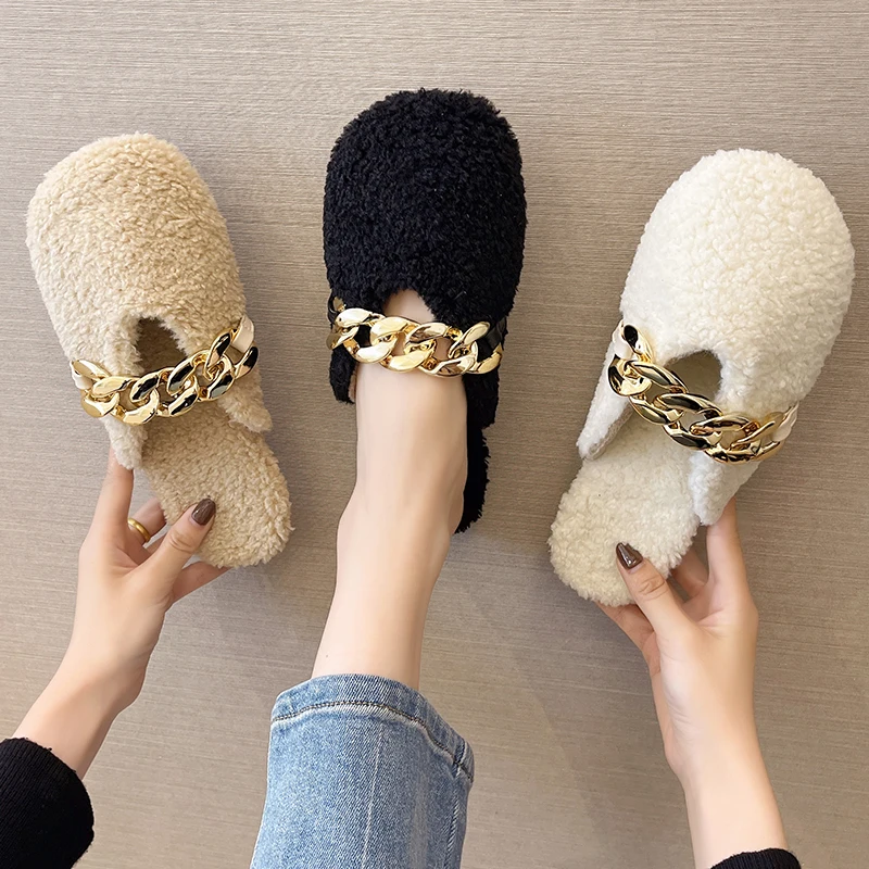 

Shoes Low Rivet Slippers Soft Fur Flip Flops Flock Slides Slipers Women Fashion Cover Toe Loafers Female Mule Comfort Flat Plush