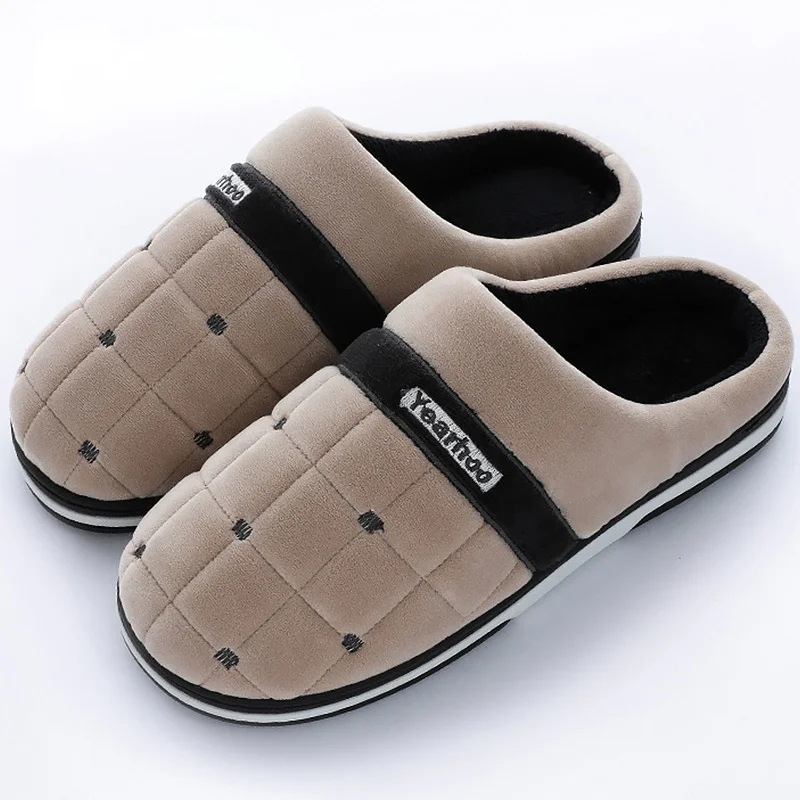 

Fashion Gingham Winter House Slippers Men Plus Flock Warm Soft Slippers Man Solid TPR Unisex Shoes Boys Size 46-47