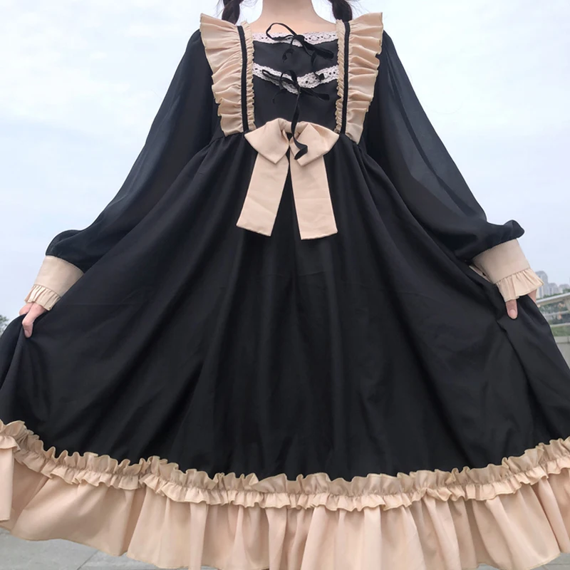 Japanese Harajuku Gothic Bandage Bow Splice Dress Sweet Lolita Girl Cosplay Dress Sweet Kawaii Ruffles Bow Women Party Dress images - 6