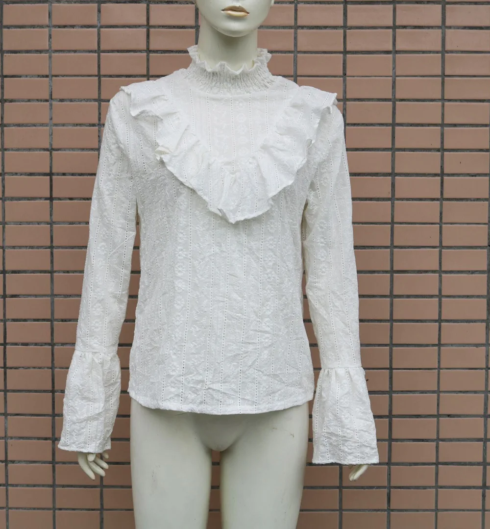 

Women White Embroidery Blouse Ruffle Bell Sleeve Shirt