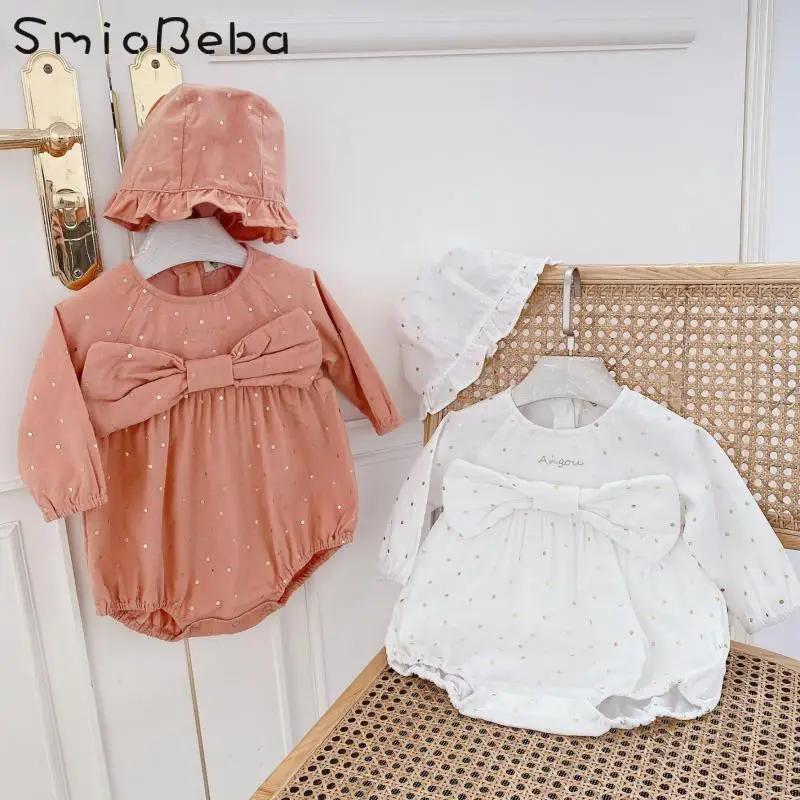 

Cute Baby Korean Girls Corduroy Newborn Rompers With Hats 2PCS Sets Polka Dot Organic Cotton Baby Cute Summer Jumpsuits Clothes