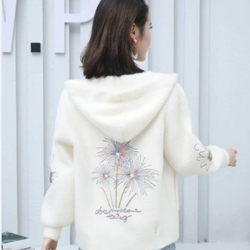 

Artificial Mink Fur Autumn Winter Women Sweater Coats Embroidery Hooded Cardigans Casual Sweater Jumpers Femme Oversized Jacket