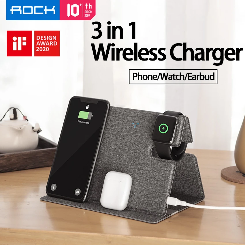 ROCK Беспроводное зарядное устройство Подставка 3 в 1 для телефона 10 Вт Быстрая