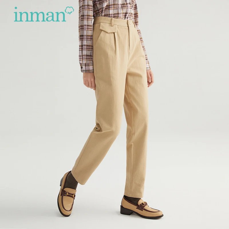 INMAN Women's Casual Pants Spring Autumn Minimalist  Pure Cotton Decorative Small Pocket Khaki All-match Trousers