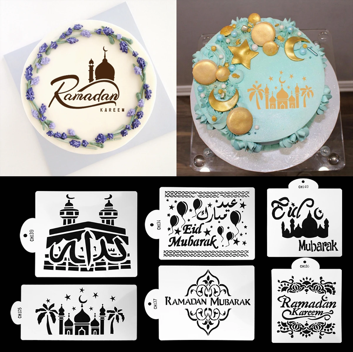 

1pc Eid Mubarak Spray Stencils Cake Mold Ramadan Decoration Baking Tools Mould EID Muslim Islamic DIY Festival Party Decor