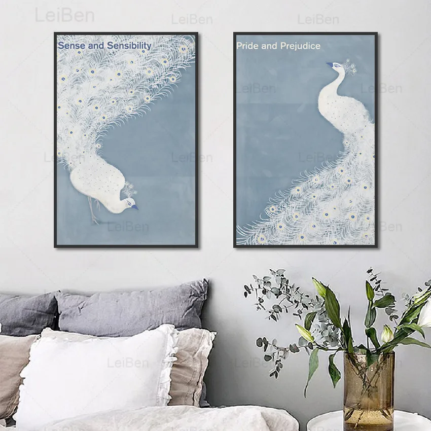 Современная картина с изображением животных пара плакатов белым павлином и